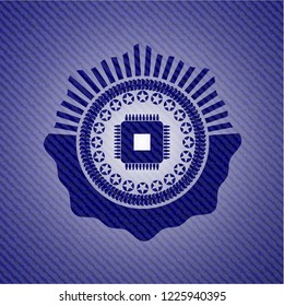 microchip, microprocessor icon inside badge with denim texture