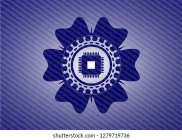 microchip, microprocessor icon inside badge with denim background