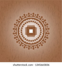 microchip, microprocessor icon inside badge with wood background