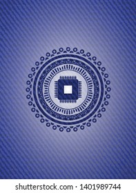 microchip, microprocessor icon inside badge with jean texture