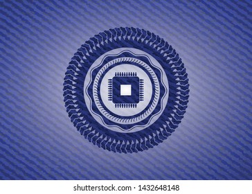 microchip, microprocessor icon inside badge with denim background