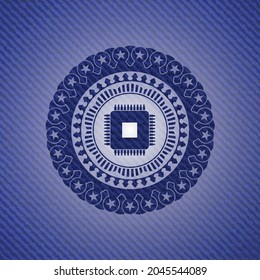 microchip, microprocessor icon inside badge with jean texture. 