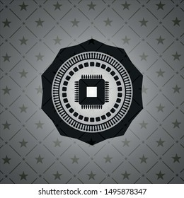 microchip, microprocessor icon inside black emblem