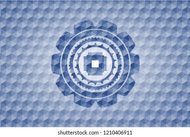 microchip, microprocessor icon inside blue badge with geometric background.