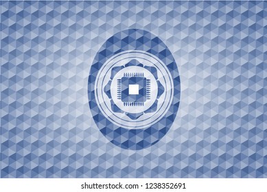 microchip, microprocessor icon inside blue badge with geometric pattern background.