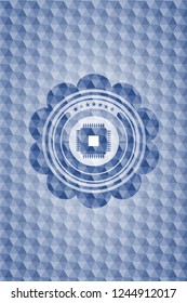 microchip, microprocessor icon inside blue badge with geometric pattern background.