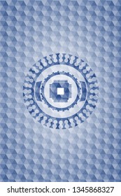 microchip, microprocessor icon inside blue polygonal badge.