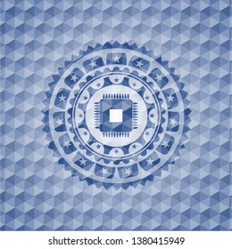 microchip, microprocessor icon inside blue hexagon emblem.