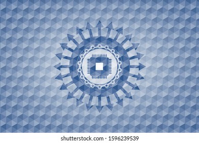 microchip, microprocessor icon inside blue badge with geometric background.