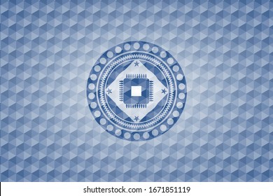microchip, microprocessor icon inside blue emblem or badge with abstract geometric polygonal pattern background.