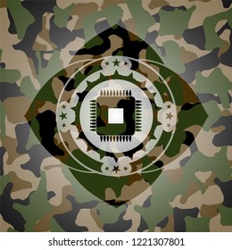 microchip, microprocessor icon inside camouflage emblem