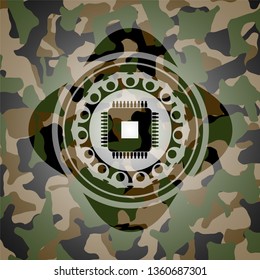 microchip, microprocessor icon inside camouflage texture