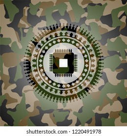 microchip, microprocessor icon inside camouflaged emblem