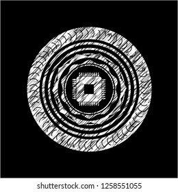 microchip, microprocessor icon inside chalk emblem written on a blackboard