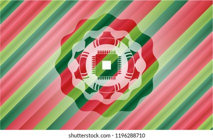 microchip, microprocessor icon inside christmas style badge..