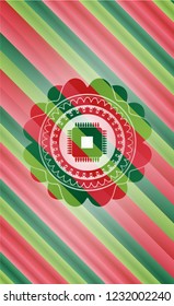 microchip, microprocessor icon inside christmas emblem background.