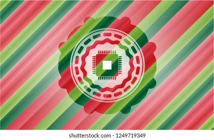 microchip, microprocessor icon inside christmas colors style badge.