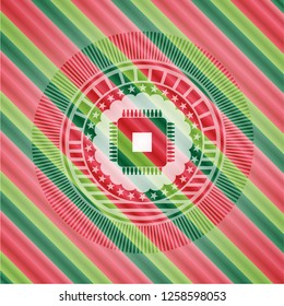 microchip, microprocessor icon inside christmas style emblem.