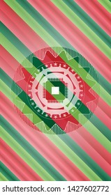 microchip, microprocessor icon inside christmas colors style badge.