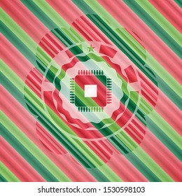 microchip, microprocessor icon inside christmas emblem background.