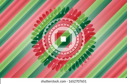 microchip, microprocessor icon inside christmas badge background.