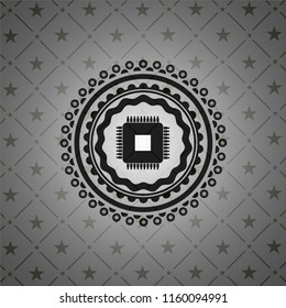 microchip, microprocessor icon inside dark emblem