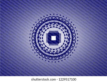 microchip, microprocessor icon inside denim background