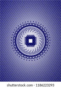 microchip, microprocessor icon inside emblem with jean high quality background