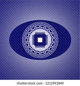 microchip, microprocessor icon inside emblem with jean texture
