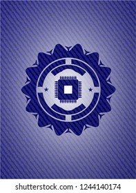 microchip, microprocessor icon inside emblem with jean texture