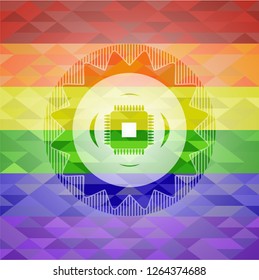 microchip, microprocessor icon inside emblem on mosaic background with the colors of the LGBT flag