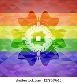 microchip, microprocessor icon inside emblem on mosaic background with the colors of the LGBT flag