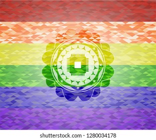 microchip, microprocessor icon inside emblem on mosaic background with the colors of the LGBT flag