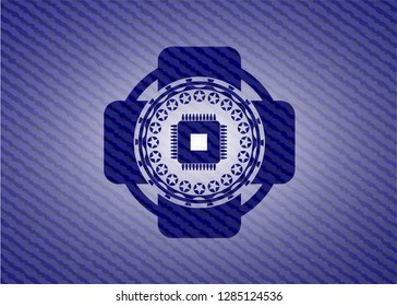 microchip, microprocessor icon inside emblem with jean high quality background