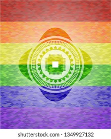 microchip, microprocessor icon inside emblem on mosaic background with the colors of the LGBT flag
