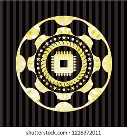 microchip, microprocessor icon inside gold emblem or badge
