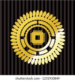 microchip, microprocessor icon inside gold shiny emblem