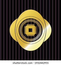 microchip, microprocessor icon inside gold shiny badge. 