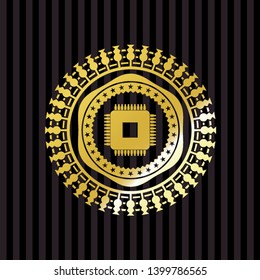 microchip, microprocessor icon inside golden emblem