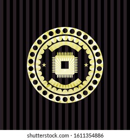 microchip, microprocessor icon inside golden badge
