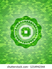 microchip, microprocessor icon inside green emblem. Mosaic background