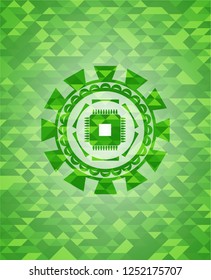 microchip, microprocessor icon inside green mosaic emblem