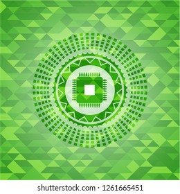 microchip, microprocessor icon inside green emblem with triangle mosaic background