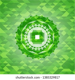 microchip, microprocessor icon inside green emblem with mosaic ecological style background