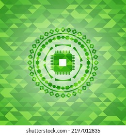 microchip, microprocessor icon inside green emblem with mosaic background. 