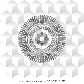 microchip, microprocessor icon inside grey badge with geometric cube white background
