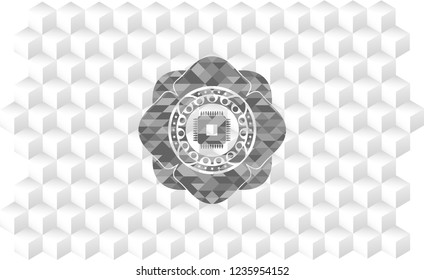 microchip, microprocessor icon inside grey emblem. Retro with geometric cube white background