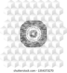 microchip, microprocessor icon inside grey emblem. Retro with geometric cube white background