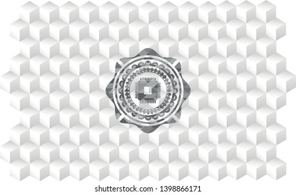microchip, microprocessor icon inside grey icon or emblem with geometric cube white background