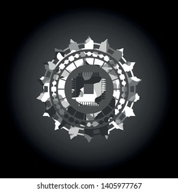 microchip, microprocessor icon inside grey camouflaged emblem